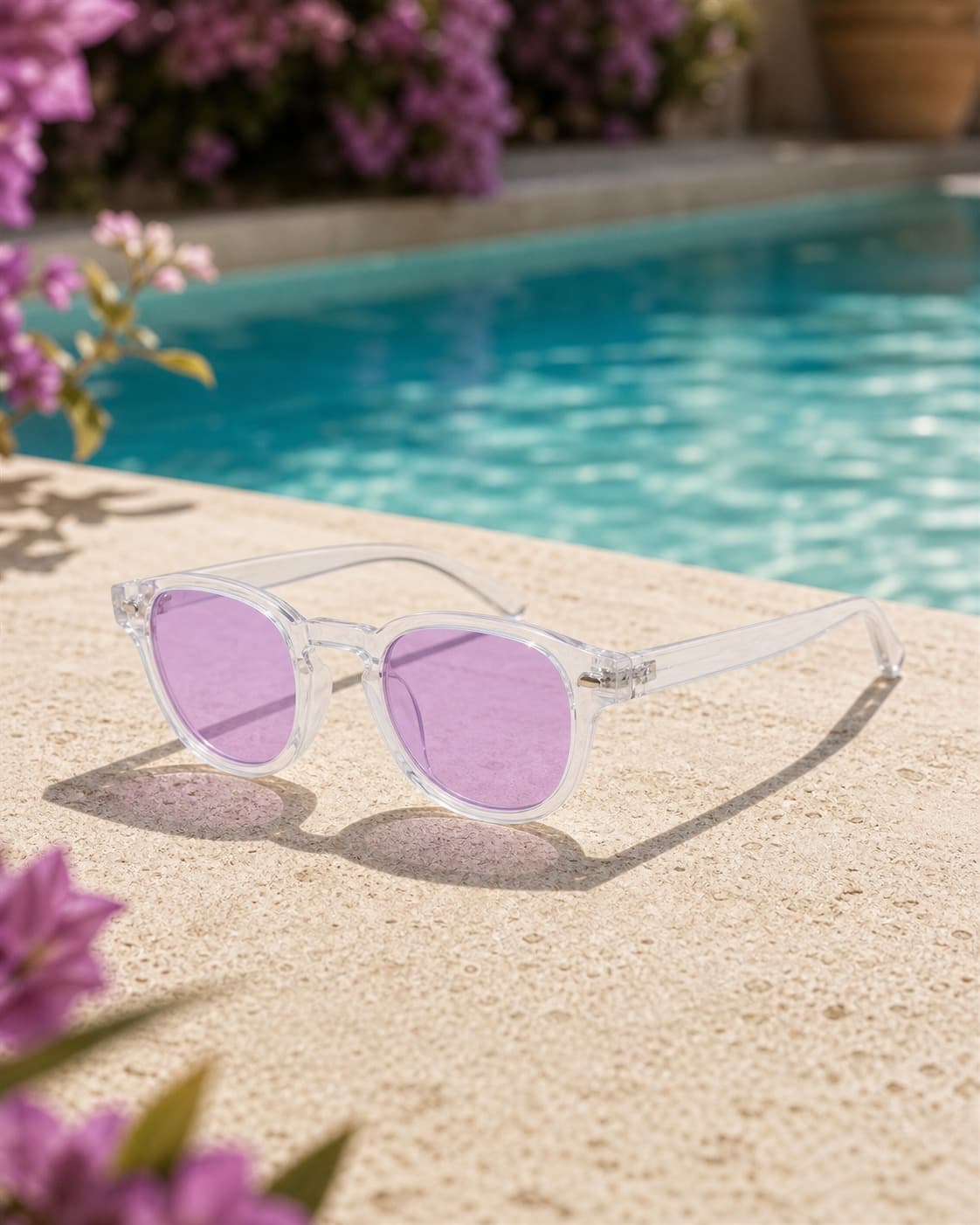 Aura Lilas — packshot au bord d’une piscine